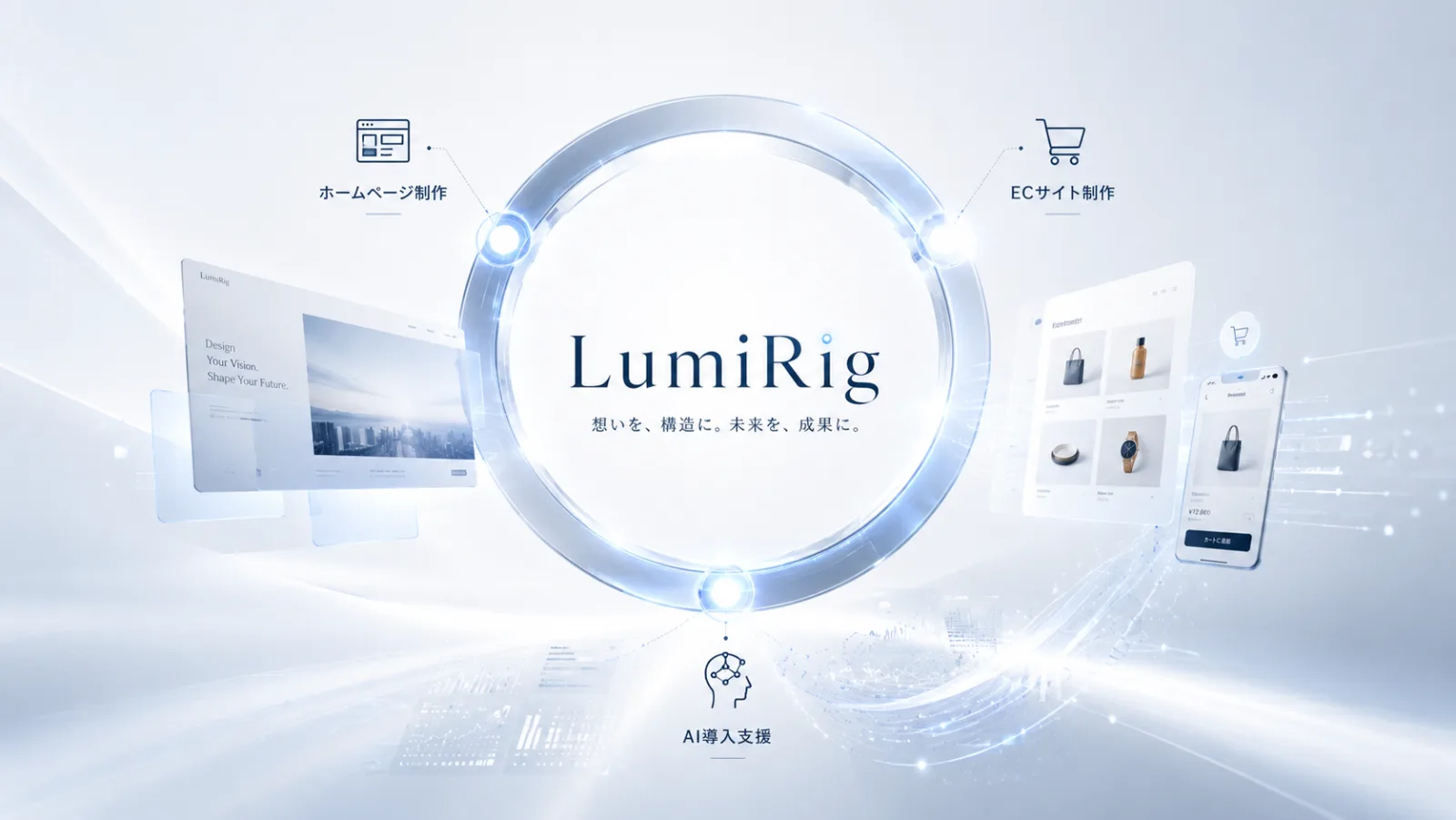 LumiRigの3つのサービス（ホームページ制作・ECサイト制作・AI導入支援）を表すブランドビジュアル