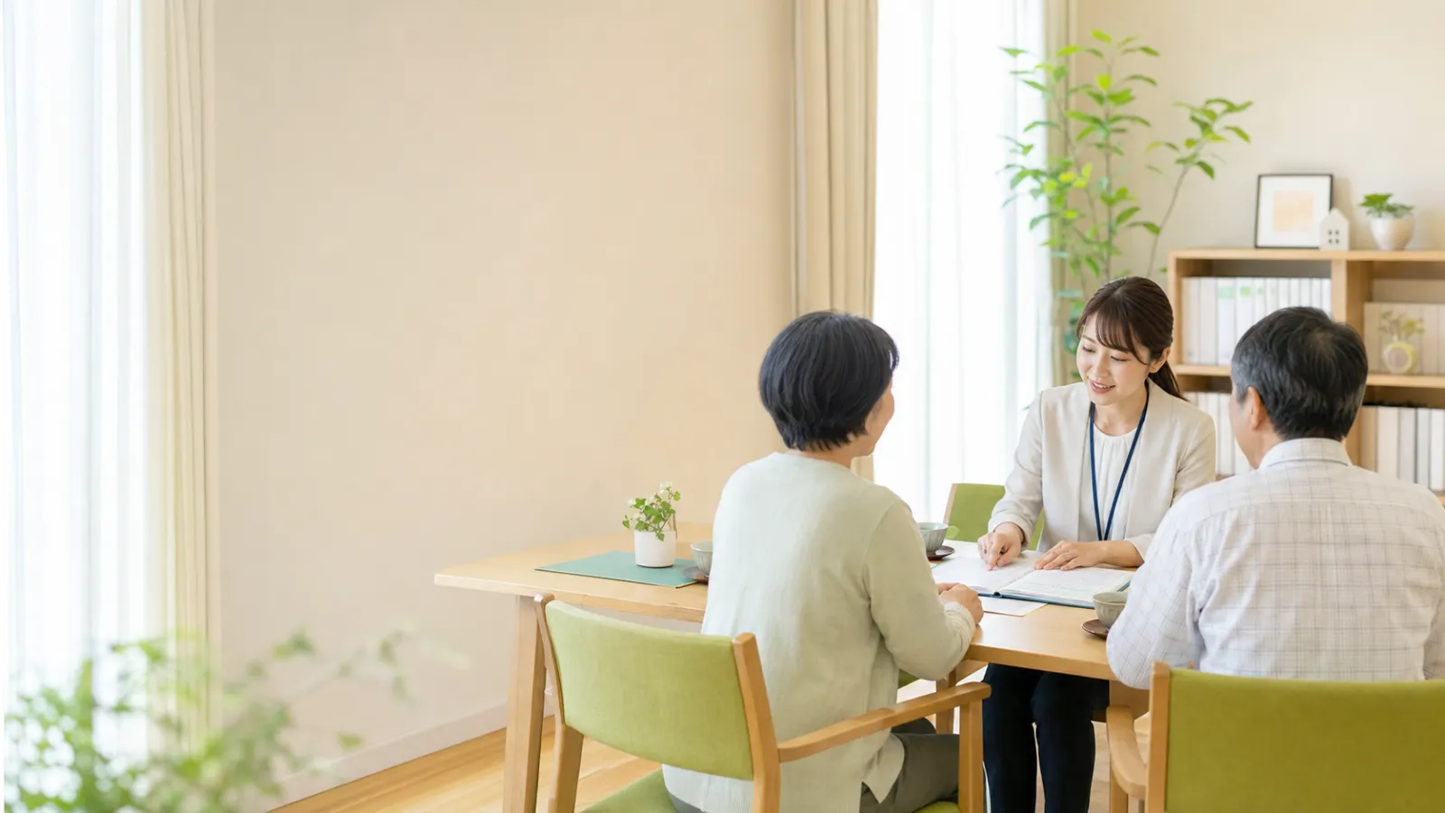 明るい相談室で介護の相談をしている様子