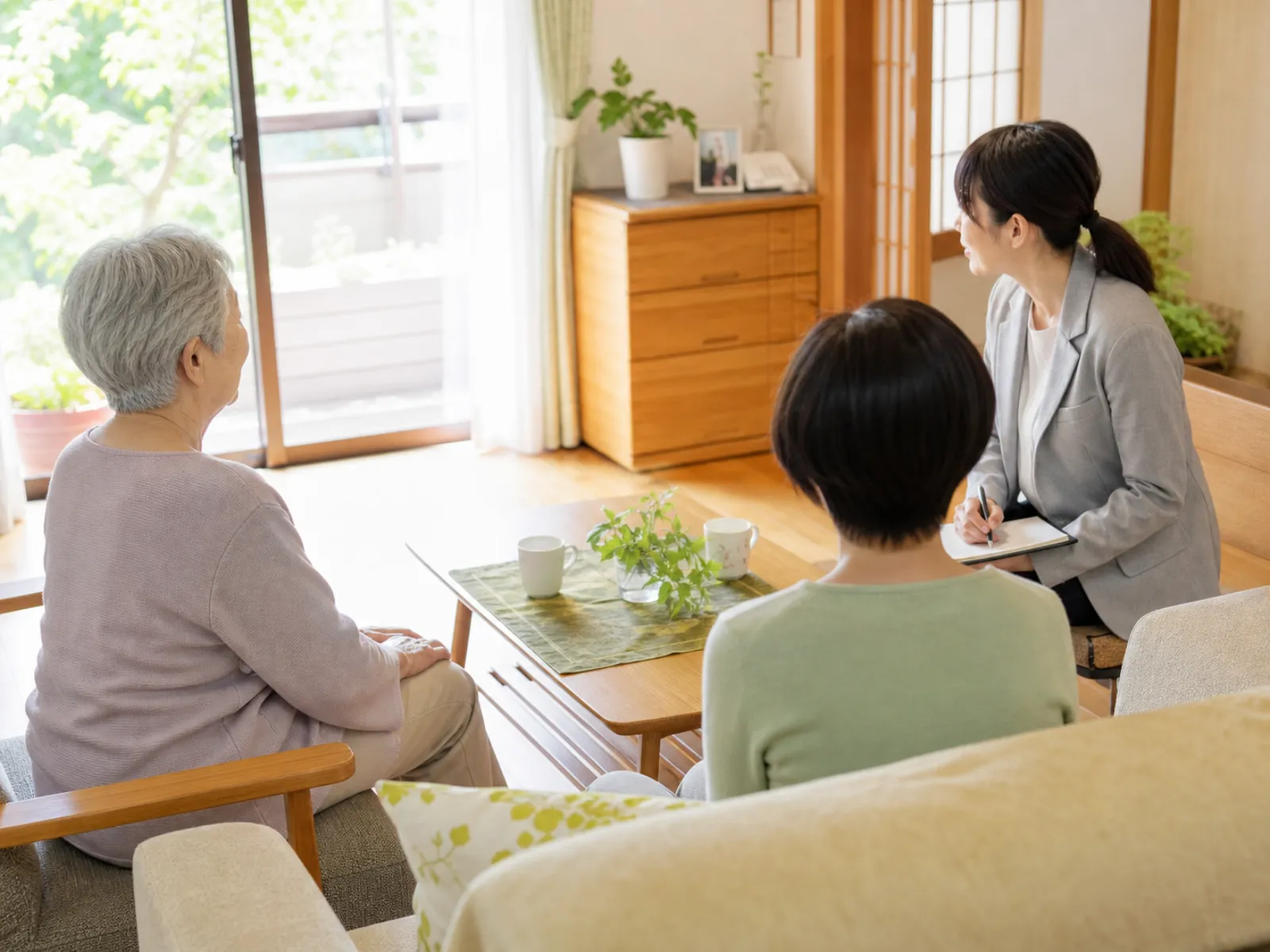 自宅で本人と家族の話を聞く相談支援の様子
